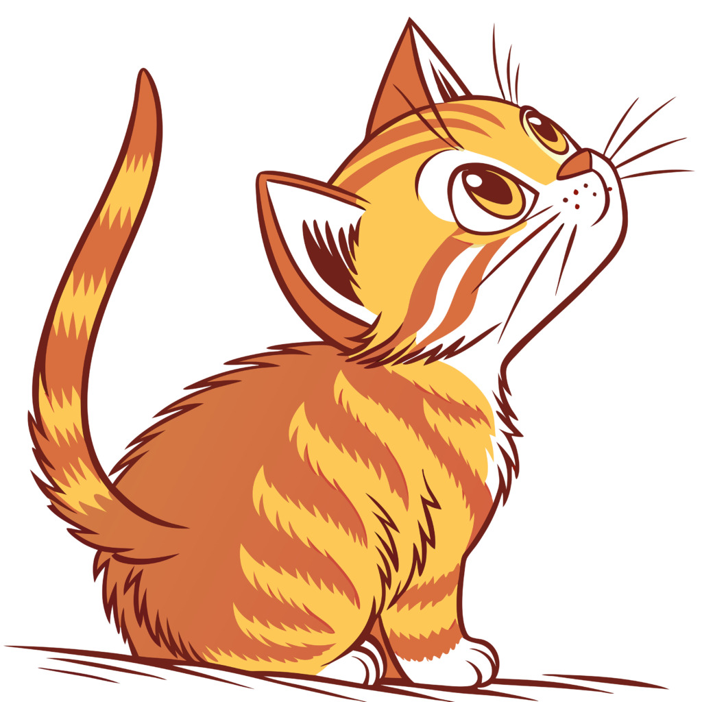 Illustration of an adorable orange tabby cat with large, expressive eyes looking upwards. The cat has a fluffy tail and detailed fur patterns, making it a charming and playful design perfect for a t-shirt. This image is available as a free design in the Public Domain under CC0, ideal for cat lovers and casual wear enthusiasts.