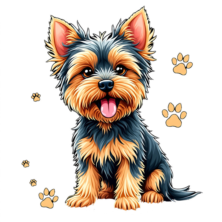 This image features an adorable Yorkshire Terrier illustration designed for a t-shirt. The cute dog is depicted with a fluffy coat, bright eyes, and a playful expression, set against a dark background. Paw prints are scattered around, adding a whimsical touch. This design is perfect for dog lovers and is available as a free public domain image, making it ideal for personal and commercial use without restrictions.