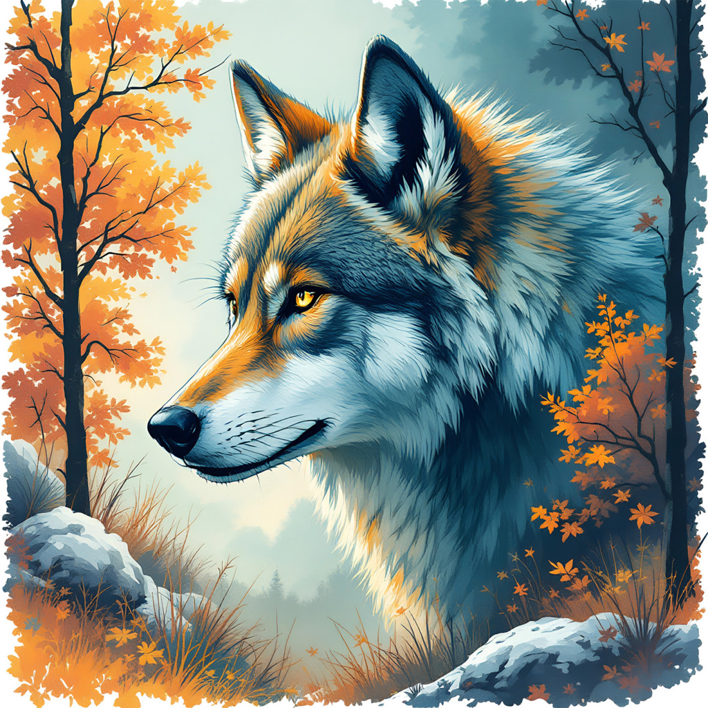 A beautifully illustrated image of a wolf set against an autumn forest backdrop. The wolf, with its striking golden eyes and detailed fur, stands prominently in the foreground. Surrounding it are trees adorned with vibrant orange and yellow leaves, capturing the essence of fall. The scene is completed with patches of grass and rocks, adding depth and texture to the composition. This artwork is designed for a t-shirt and is available as a free public domain image.