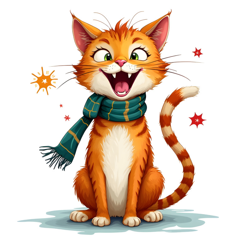 Illustration of a cheerful orange cat with bright green eyes, wearing a stylish green and gold striped scarf. The cat is sitting with a joyful expression, mouth open in a happy grin, surrounded by playful red starbursts. This vibrant and whimsical design is perfect for a t-shirt, capturing a sense of fun and warmth, and is available as a free public domain image.