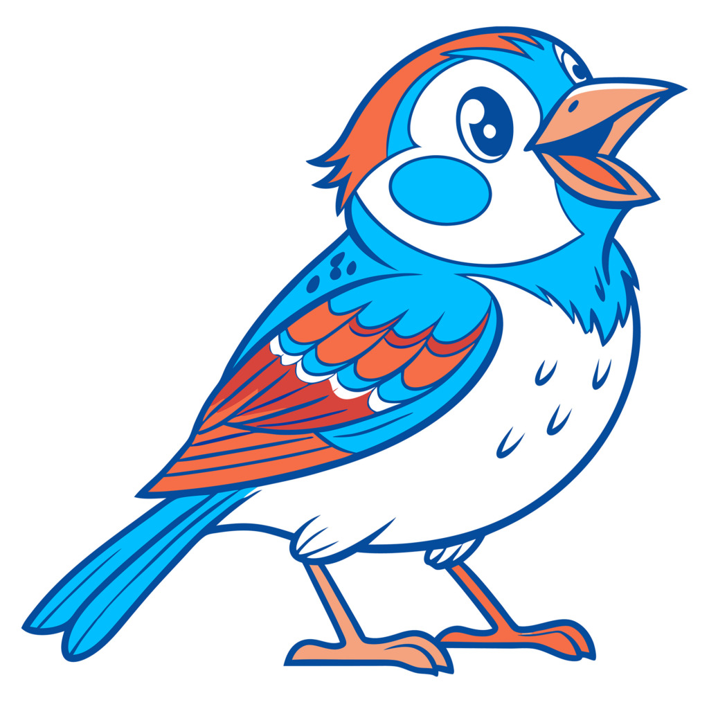 A vibrant and colorful cartoon bird illustration designed for a t-shirt. The bird features bright blue and orange feathers with a cheerful expression, making it an eye-catching and playful design. This image is available as a free public domain resource, perfect for creative projects and apparel design.