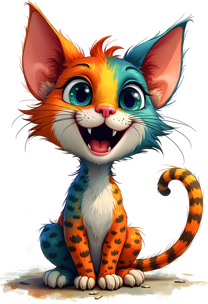 A vibrant and playful cartoon cat design featuring a whimsical feline with large, expressive eyes and a multicolored fur pattern. The cat's fur is a striking combination of orange, blue, and yellow, with a cheerful expression and a curled tail. This image is perfect for a fun and eye-catching t-shirt design, available for free use in the public domain under CC0.