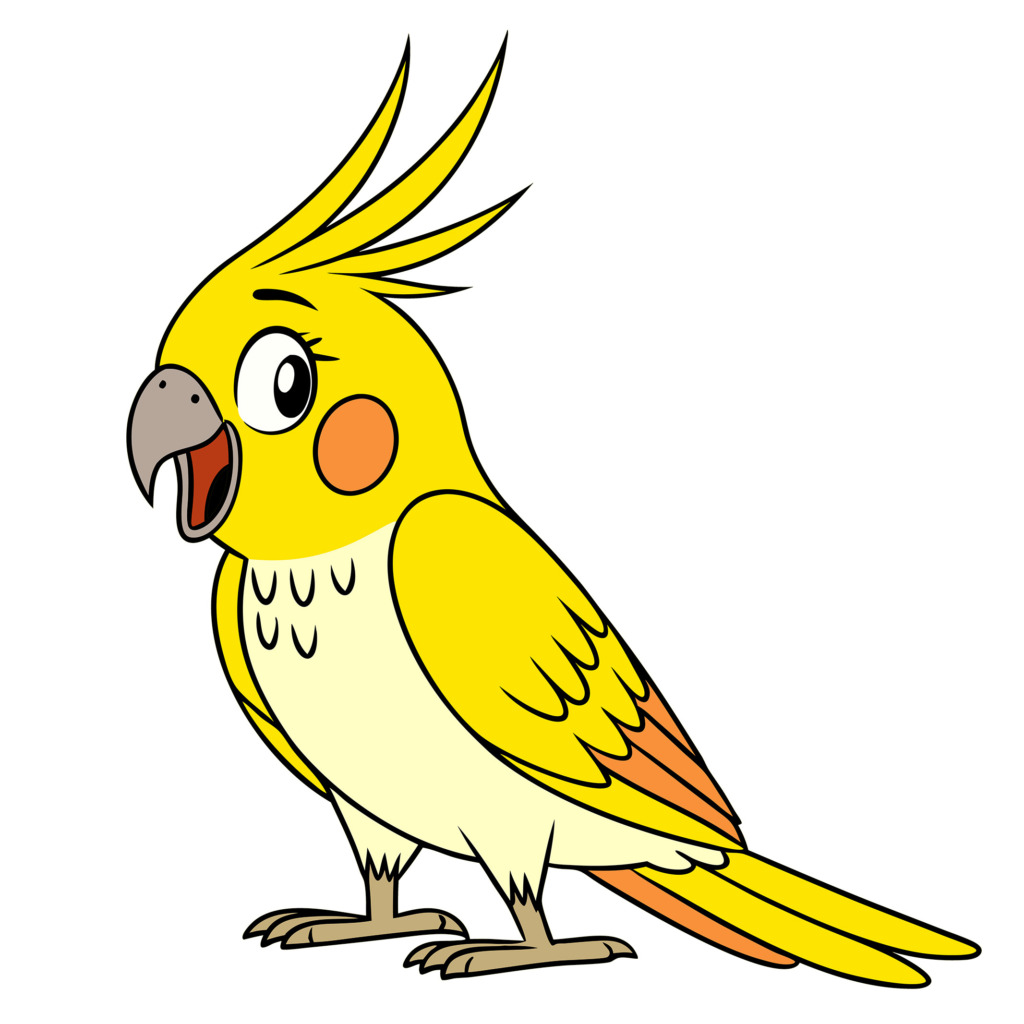 Illustration of a vibrant yellow cockatiel with orange cheeks and a playful expression, designed for a t-shirt. The bird is depicted in a cartoon style, showcasing its distinctive crest and detailed feathers. This image is available as a free design in the public domain, perfect for bird lovers and t-shirt enthusiasts.