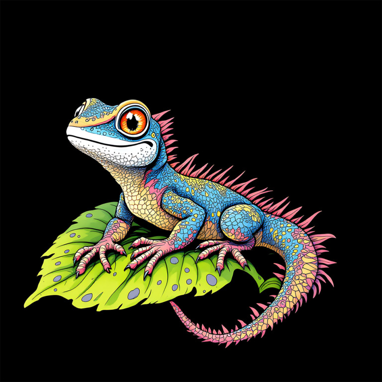 A vividly colored gecko, illustrated in high detail, sits atop a lush green leaf against a stark black background. This free public domain image showcases the gecko's intricate scales painted in a spectrum of blues, pinks, and yellows, with striking orange eyes that seem to gaze curiously at the viewer. The leaf, dotted with light spots, provides a naturalistic contrast to the gecko's fantastical colors, making this artwork ideal for both educational and decorative purposes under a CC0 license.