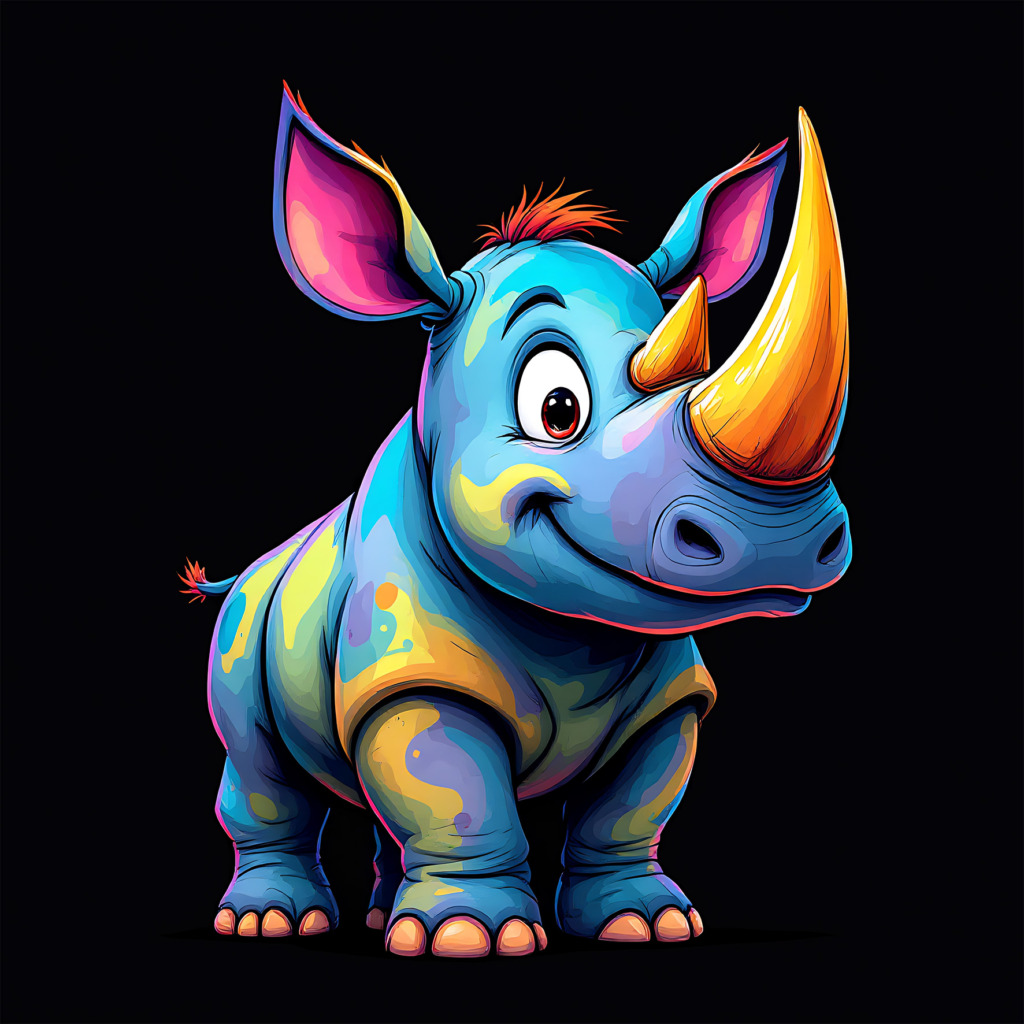 This image features a whimsically illustrated rhinoceros in a spectrum of vibrant colors, set against a stark black background. The rhino, depicted in a playful, cartoonish style, boasts a rich palette of blues, yellows, and pinks, with highlights and shadows that give it a three-dimensional appearance. Its large, friendly eyes and a slight smile add to its charming character. This artwork, ideal for children's t-shirt designs, is available for free under the Public Domain CC0 license, making it a perfect choice for educational materials, creative projects, and commercial products without the need for attribution.