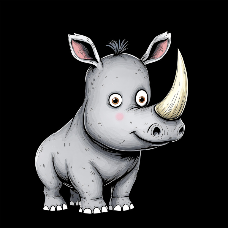 A charming and playful cartoon illustration of a rhino, designed for a t-shirt. The rhino is depicted with a friendly expression, large eyes, and a prominent horn, set against a plain background. This delightful image captures the essence of whimsy and fun, making it perfect for a casual and lighthearted t-shirt design. The rhino's soft gray tones and subtle shading add depth and character, appealing to both children and adults who appreciate cute and imaginative artwork.