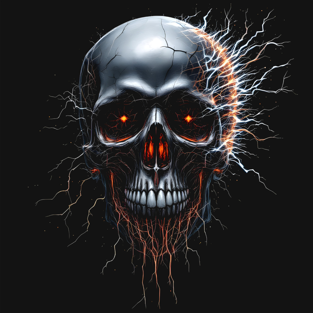 Electric skull design with glowing eyes and lightning effects, available as a free public domain t-shirt design.