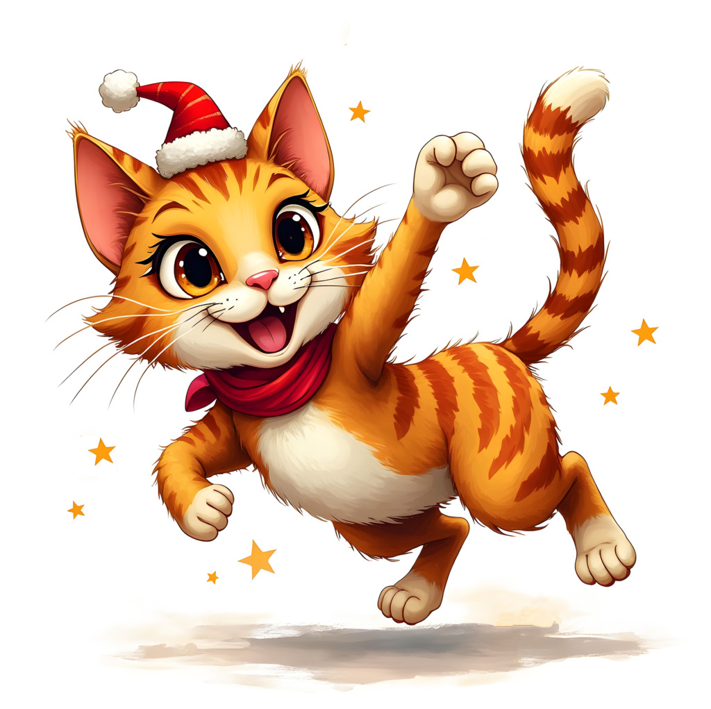 Illustration of a joyful orange tabby cat wearing a red Santa hat and scarf, playfully leaping with a cheerful expression. The cat is surrounded by small, bright stars, set against a clean white background. This whimsical and festive design is perfect for a holiday-themed t-shirt, available as a free public domain image under CC0.