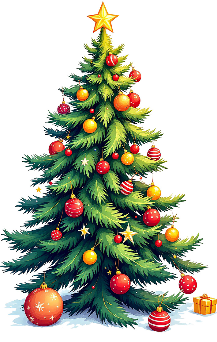 A beautifully illustrated Christmas tree adorned with a variety of colorful ornaments, including red and gold baubles, stars, and a shining star at the top. The tree is lush and green, with detailed branches and needles, set against a white background. A small gift box is placed at the base, adding to the festive atmosphere. This image is perfect for a holiday-themed t-shirt design, capturing the essence of Christmas cheer and celebration.