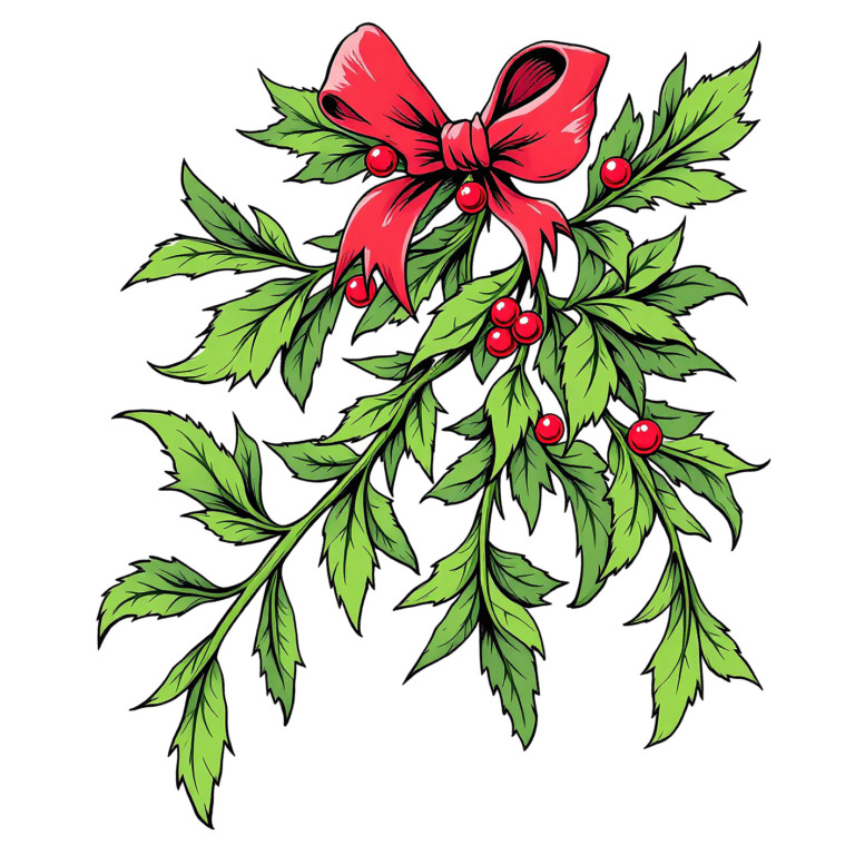 A vibrant and festive t-shirt design featuring a lush arrangement of green holly leaves adorned with bright red berries. At the center, a large, elegant red bow adds a touch of holiday cheer. The intricate detailing of the leaves and the vivid colors make this design perfect for celebrating the holiday season. Ideal for a Christmas-themed t-shirt, this image captures the essence of festive decoration and joy.