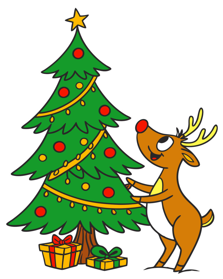 A vibrant and cheerful illustration featuring a playful reindeer standing beside a beautifully decorated Christmas tree. The reindeer, with a bright red nose and joyful expression, gazes up at the tree adorned with red baubles, golden garlands, and topped with a shining star. At the base of the tree, colorful wrapped gifts add to the festive atmosphere. This whimsical design captures the essence of holiday cheer and is perfect for a festive t-shirt.