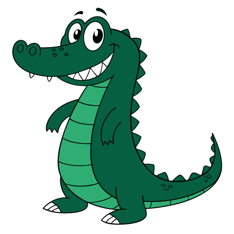 A cheerful cartoon crocodile illustration designed for a t-shirt, featuring a smiling green crocodile with large eyes and a playful expression. The crocodile stands upright with its tail curving behind, showcasing a friendly and approachable demeanor. This image is available as a free design in the public domain under CC0, perfect for t-shirt printing and creative projects.