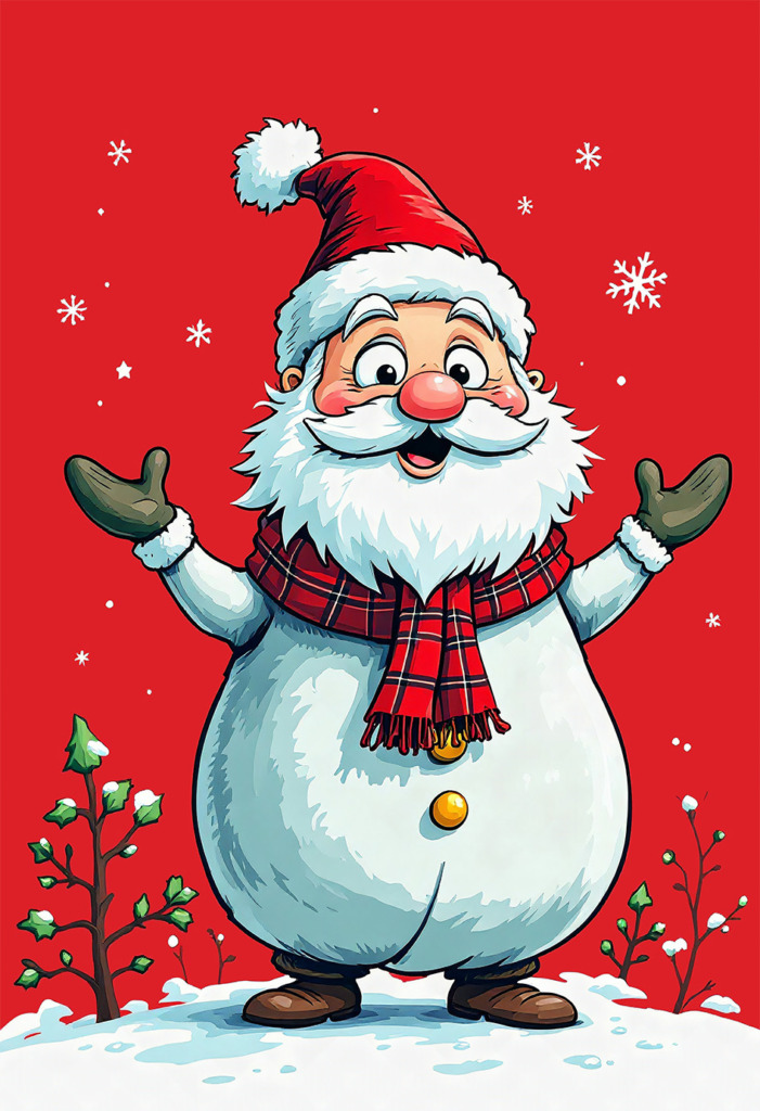 A vibrant and cheerful illustration of Santa Claus, set against a bright red background. Santa is depicted with a big smile, wearing his classic red hat adorned with a fluffy white pom-pom, and a cozy red and black plaid scarf. His round, jolly figure is accentuated by a white beard and rosy cheeks, exuding a warm and festive spirit. Snowflakes gently fall around him, and he stands with his arms open wide, inviting joy and celebration. The design is perfect for a holiday-themed t-shirt, capturing the essence of Christmas cheer.