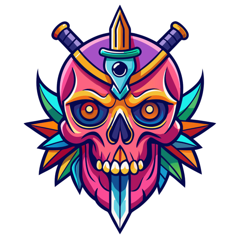 Vibrant skull and dagger design with bold colors, available as a free public domain t-shirt design image.