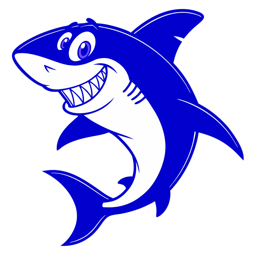 A vibrant and playful blue shark illustration designed for a t-shirt, featuring a cartoon-style shark with a wide grin and expressive eyes. The image is set against a plain white background, highlighting the bold blue color of the shark. This design is available as a free public domain image, perfect for creative projects and apparel.