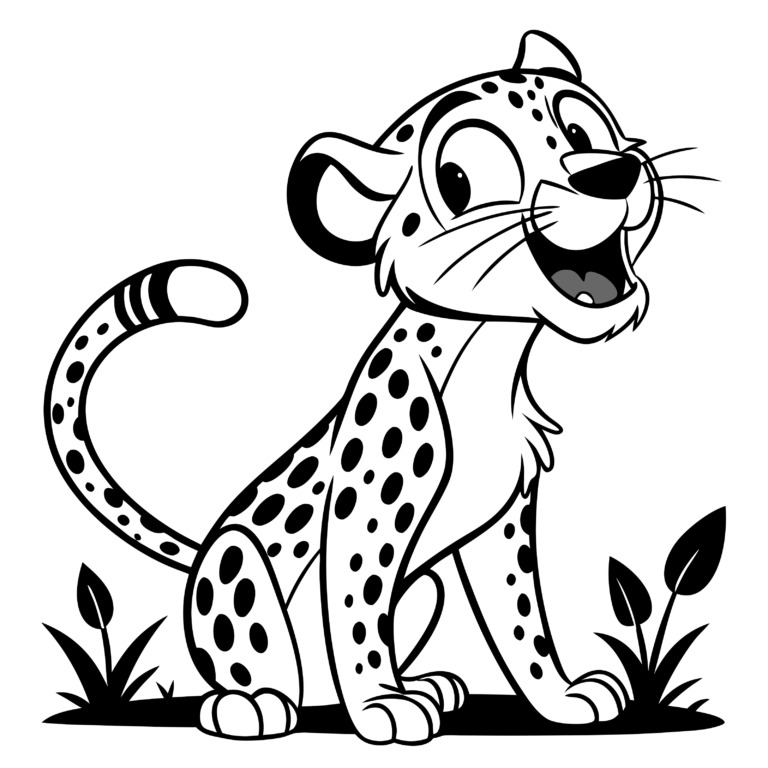 A charming and playful cartoon illustration of a cheetah, designed for a t-shirt. The cheetah is depicted in a joyful pose with a wide smile, surrounded by simple foliage. This black and white design is perfect for a fun and lively t-shirt print, available for free use under the Public Domain CC0 license.