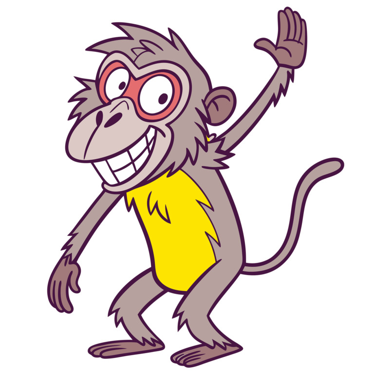 A vibrant and playful cartoon monkey illustration designed for a t-shirt, featuring a cheerful monkey with a big smile and bright yellow chest. The monkey is waving with one hand, showcasing its lively and friendly character. This image is perfect for a fun and engaging t-shirt design, available for free use in the public domain under CC0 license.