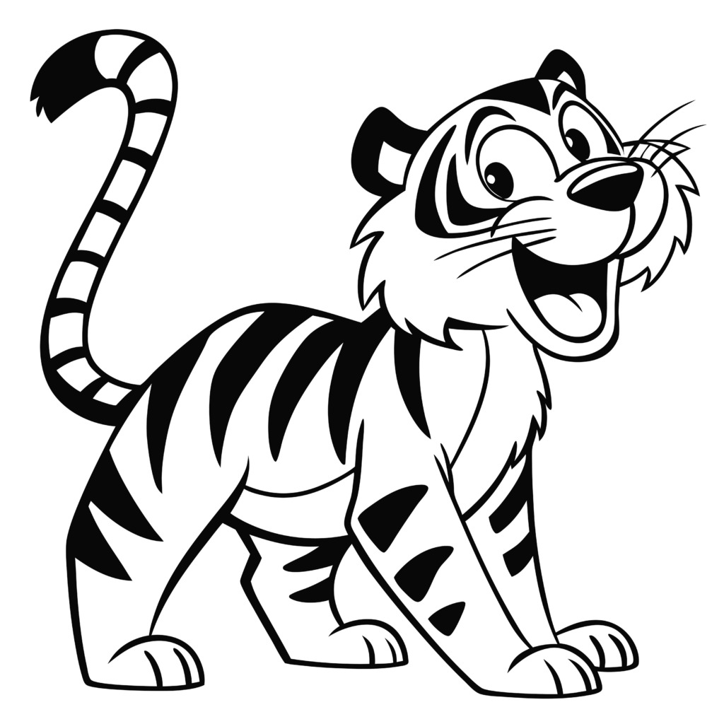 A charming and playful cartoon tiger illustration designed for a t-shirt, featuring a happy tiger with bold black stripes and a cheerful expression. This image is perfect for a fun and lively t-shirt design, available for free use under the Public Domain CC0 license.