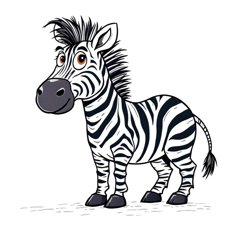 A vibrant and playful cartoon zebra illustration designed for a t-shirt, featuring a cute zebra with expressive eyes and a friendly demeanor. The zebra is depicted with classic black and white stripes, standing on a simple white background. This charming design is perfect for a fun and whimsical t-shirt, appealing to both children and adults. Released into the public domain under CC0, this image is free to use for any purpose, making it an ideal choice for creative projects and fashion designs.