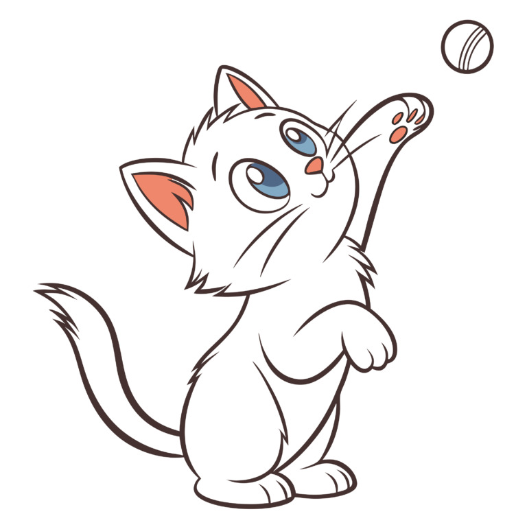 Illustration of a cute, playful kitten with large blue eyes and pink ears, reaching up with its paw towards a small ball. The kitten is drawn in a simple, cartoon style with clean lines, making it ideal for a t-shirt design. The image is set against a plain white background, emphasizing the kitten's adorable features and playful pose.