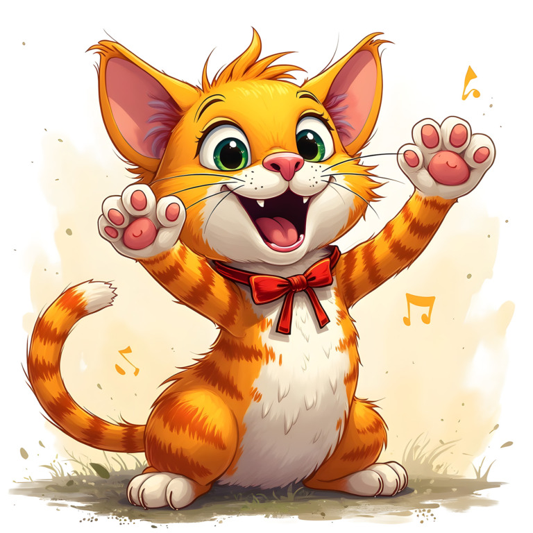 Illustration of a cheerful orange kitten with large green eyes and a red bow tie, playfully raising its paws. The kitten is surrounded by musical notes, suggesting a lively and joyful atmosphere. This adorable cartoon-style design is perfect for a t-shirt, capturing the essence of fun and playfulness. Available as a free public domain image under CC0.