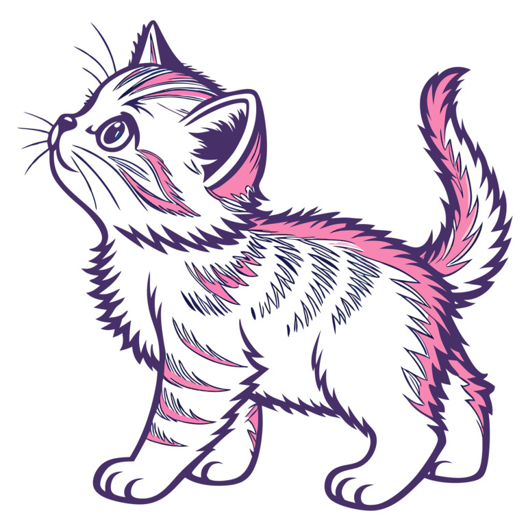 Illustration of a playful kitten with a whimsical design, featuring bold pink and purple accents on its fur. The kitten is depicted in a dynamic pose, looking upwards with curiosity. This vibrant and artistic image is perfect for a t-shirt design, available for free use under the Public Domain, CC0 license.