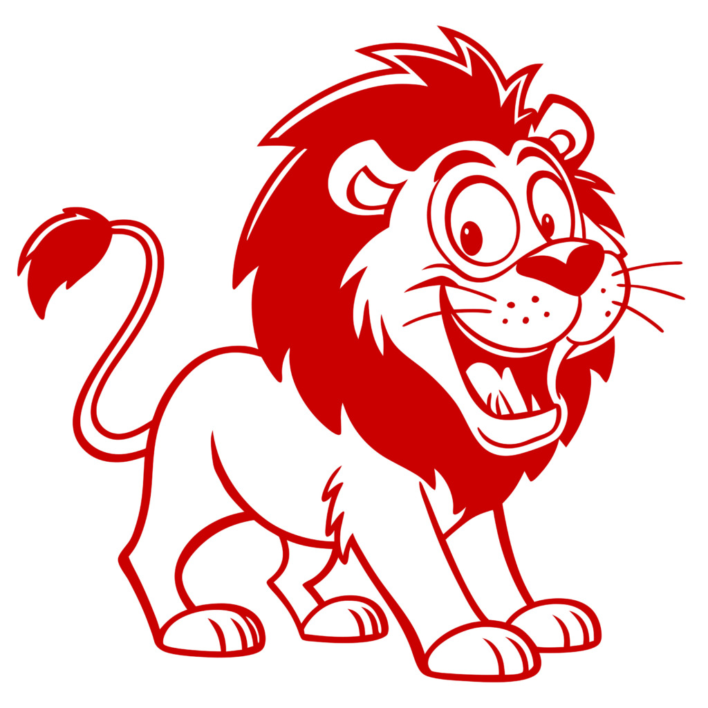 A vibrant and playful red lion cartoon design, perfect for a t-shirt. The image features a cheerful lion with a big smile, expressive eyes, and a bushy mane, all in a bold red outline. This free design is available in the public domain under CC0, ideal for adding a touch of fun and creativity to any apparel.