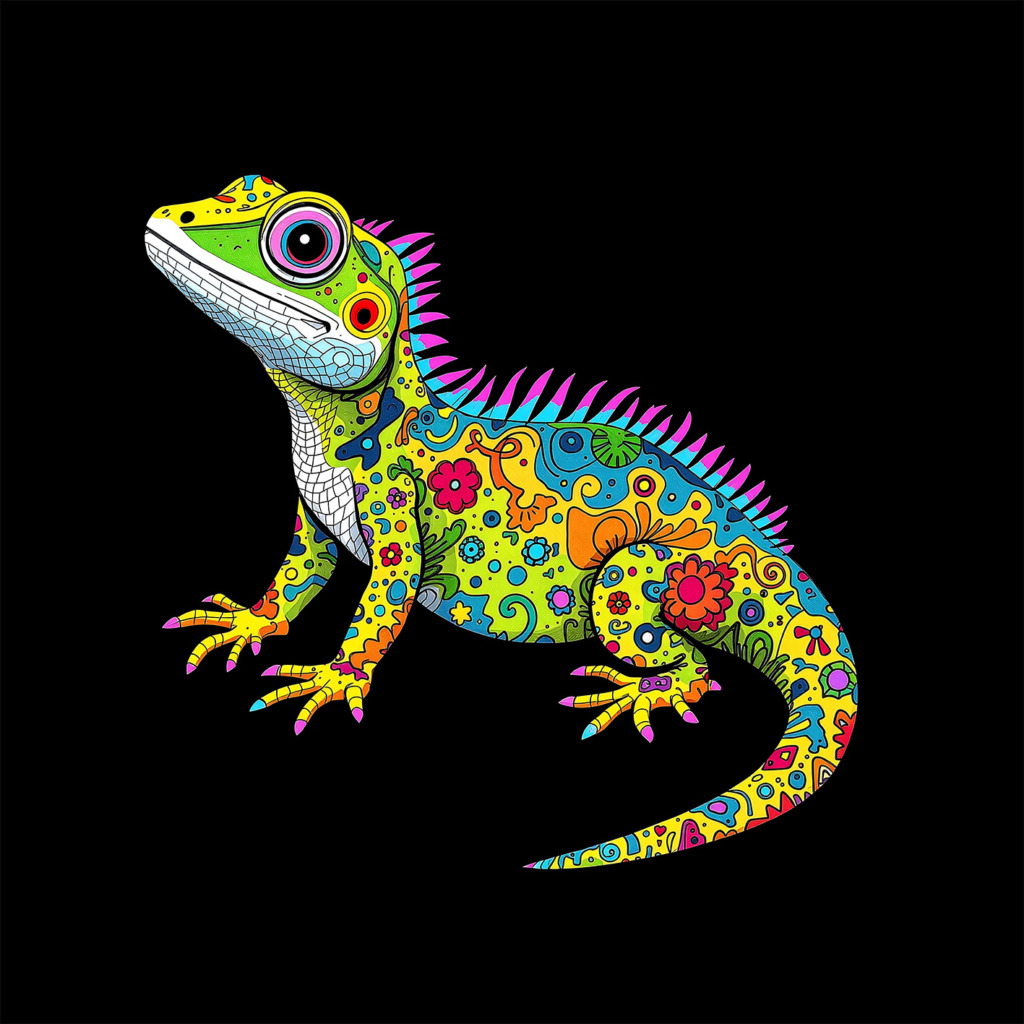 A vibrant and colorful psychedelic lizard design, perfect for a t-shirt. The lizard is adorned with intricate patterns and vivid colors, including bright greens, blues, pinks, and yellows. Its body is covered in floral and abstract motifs, creating a lively and eye-catching appearance. The lizard's large, expressive eyes and detailed scales add to its whimsical charm, making it an ideal choice for those seeking a unique and artistic fashion statement.