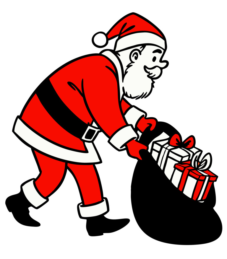 An illustration of Santa Claus in his classic red and white outfit, complete with a hat and black boots, is depicted carrying a large black sack filled with wrapped gifts. The gifts are adorned with red ribbons, adding a festive touch. Santa is shown in a cheerful pose, emphasizing the holiday spirit. This design is intended for a t-shirt and is available for free use in the public domain under CC0.