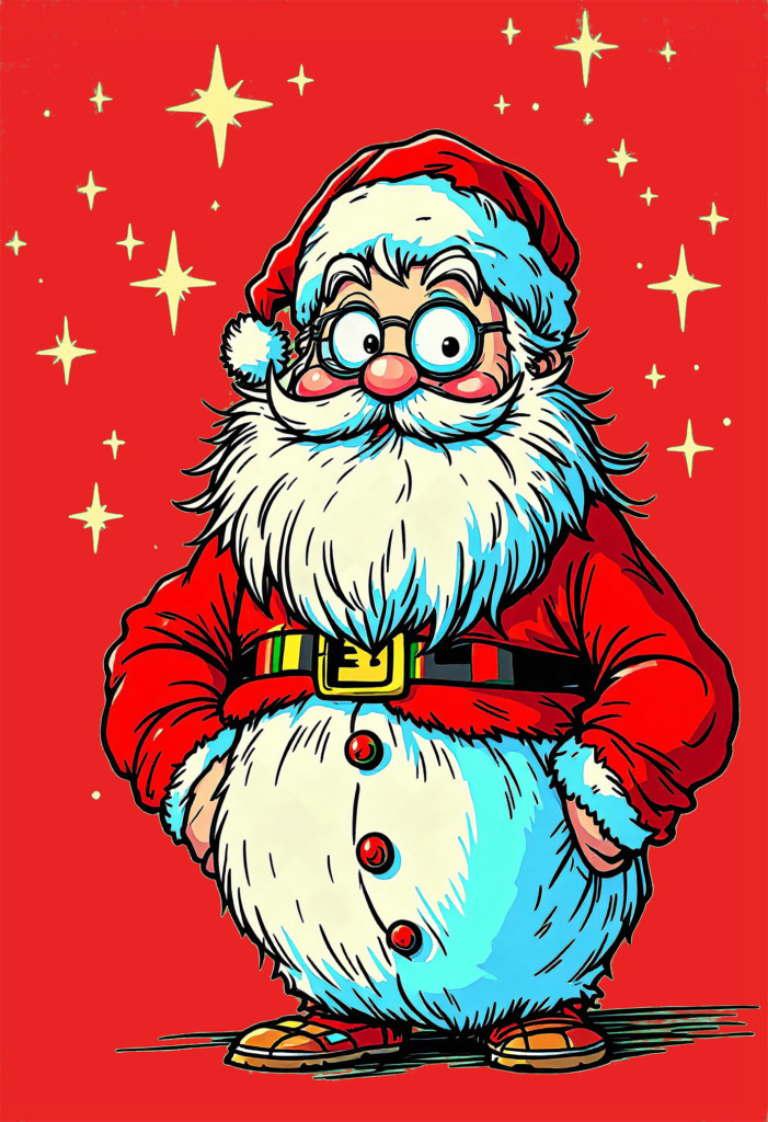 This vibrant t-shirt design features a cheerful, cartoon-style Santa Claus against a bright red background adorned with twinkling stars. Santa is depicted with a fluffy white beard, round glasses, and a classic red suit, complete with a black belt and shiny buttons. His joyful expression and plump figure exude a sense of warmth and holiday spirit, making this design perfect for festive occasions. The playful illustration captures the essence of Christmas cheer, ideal for anyone looking to celebrate the season in style.