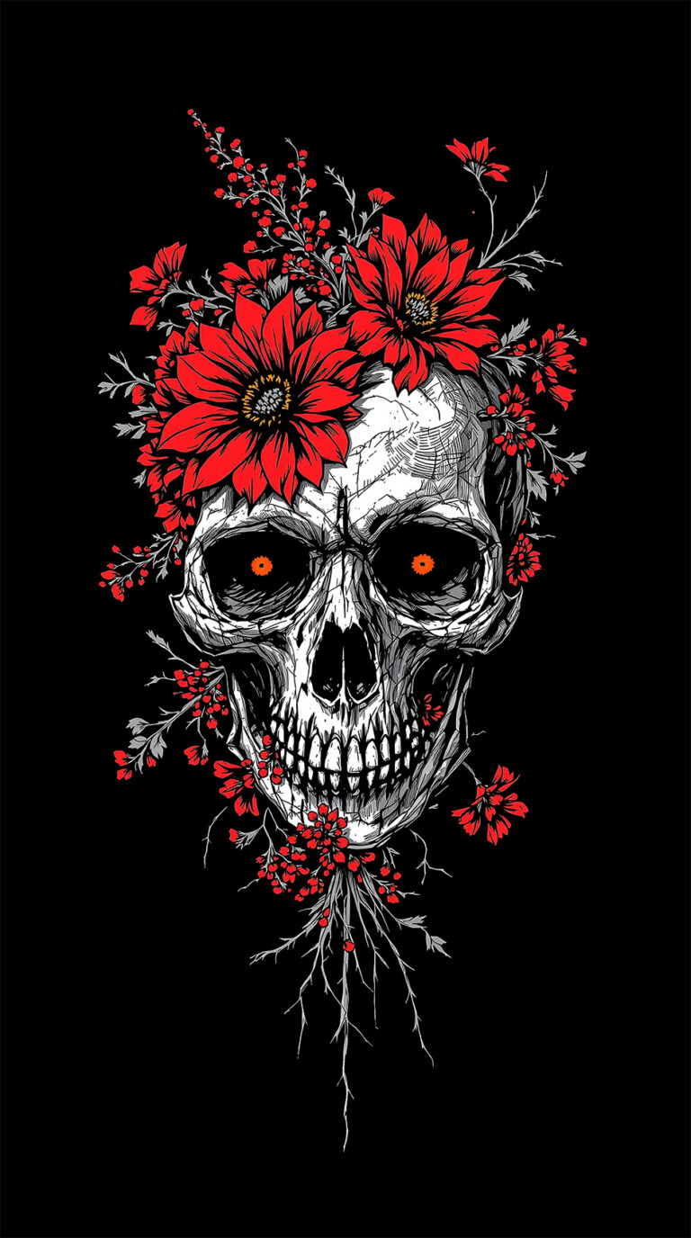 This striking t-shirt design features a detailed skull adorned with vivid red flowers and intricate foliage. The skull, set against a stark black background, is intricately illustrated with fine lines and shading, creating a sense of depth and realism. The vibrant red flowers, with their bold petals and delicate stems, contrast sharply with the monochrome skull, symbolizing a blend of life and death. This captivating design is perfect for those who appreciate edgy, artistic expressions and is available as a free public domain image.