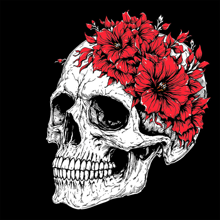 A striking t-shirt design featuring a detailed black and white skull adorned with vibrant red flowers. The skull is intricately illustrated, showcasing fine lines and shading that highlight its contours and features. The red flowers, blooming from the top of the skull, add a bold contrast against the monochrome background, symbolizing a blend of life and death. This design is set against a solid black backdrop, enhancing the vividness of the red petals and the starkness of the skull. Perfect for those seeking a unique and artistic statement piece, this image is available as a free public domain design under CC0.