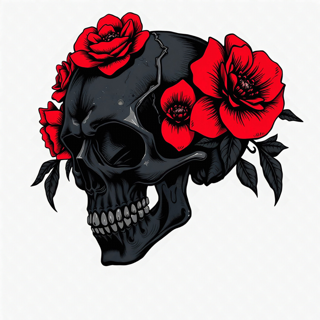  Illustrated skull adorned with vibrant red roses, designed for a t-shirt, available for free use.