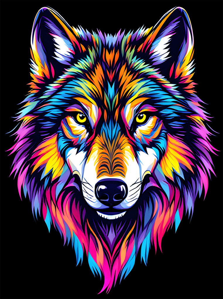 A striking and vibrant illustration of a wolf's head, designed for a t-shirt. The artwork features a wolf with a fierce and intense gaze, rendered in a spectrum of vivid colors including blues, purples, yellows, and pinks. The intricate detailing of the fur and the bold use of color create a dynamic and eye-catching image. This design is set against a black background, enhancing the contrast and making the colors pop. Perfect for a modern and artistic t-shirt design, this image captures the wild and majestic essence of the wolf in a contemporary style.