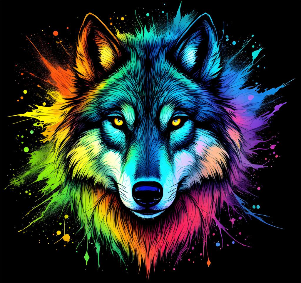 A striking and vibrant t-shirt design featuring a wolf's face rendered in a spectrum of rainbow colors. The wolf's intense gaze is highlighted by its piercing yellow eyes, set against a dynamic splash of colors that radiate outward, creating a sense of movement and energy. The design is set on a black background, enhancing the vividness of the colors, making it an eye-catching piece suitable for a t-shirt. This image is available as a free design in the public domain, perfect for creative projects and apparel.