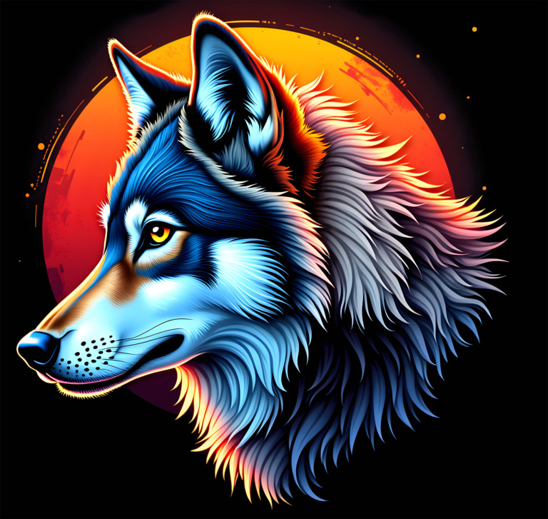 A striking and vibrant illustration of a wolf, designed for a t-shirt, featuring a detailed and colorful depiction of the wolf's head against a bold, fiery orange and red circular background. The wolf's fur is rendered in shades of blue, white, and gray, with intricate detailing that highlights the texture and flow of the fur. The wolf's eyes are expressive and bright, adding a sense of life and intensity to the image. This artwork is intended for use as a free design in the public domain, perfect for t-shirt prints and other creative projects.