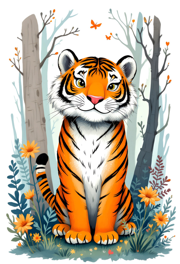  Illustration of a whimsical tiger surrounded by trees and flowers in a forest, perfect for a t-shirt design.