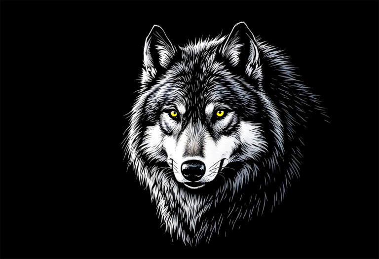 This striking t-shirt design features a detailed illustration of a wolf's head, showcasing its fierce expression and captivating yellow eyes. The artwork is rendered in black and white, with intricate fur details that highlight the wolf's majestic features. Set against a solid black background, this design is perfect for animal lovers and those who appreciate wildlife art. Available as a free public domain image under CC0, this design can be used for personal or commercial projects, making it an ideal choice for custom apparel, merchandise, or creative endeavors.