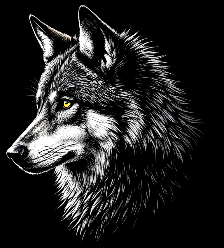 A striking and detailed illustration of a majestic wolf, showcasing its intense gaze and intricate fur texture. The wolf's piercing yellow eyes stand out against its monochrome fur, creating a captivating and powerful image. This design is perfect for a t-shirt, capturing the essence of the wild and the beauty of nature. The artwork is set against a black background, enhancing the contrast and highlighting the wolf's features. Available as a free design in the Public Domain, CC0