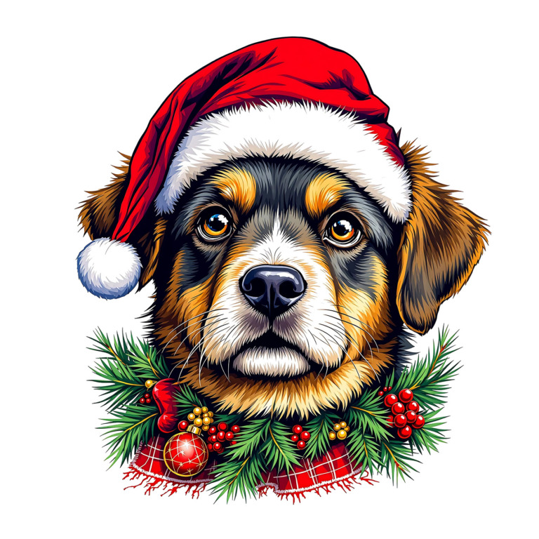 Illustration of a festive dog wearing a bright red Santa hat, surrounded by a lush green wreath adorned with red berries and golden ornaments. The dog's expressive eyes and detailed fur capture a joyful holiday spirit, making it an ideal design for a Christmas-themed t-shirt. The vibrant colors and intricate details highlight the festive season, perfect for spreading holiday cheer.