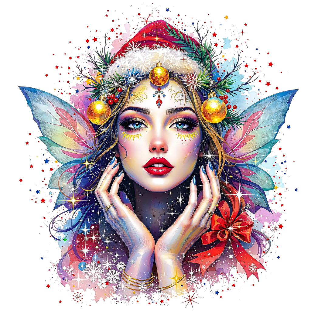 A vibrant and enchanting Christmas fairy art illustration featuring a beautiful fairy with colorful wings, adorned with festive ornaments and a Santa hat. The fairy's face is framed by delicate hands, and her expression is serene and magical. The background is filled with sparkling stars and snowflakes, creating a whimsical holiday atmosphere. This captivating artwork is available for free in the public domain under CC0.