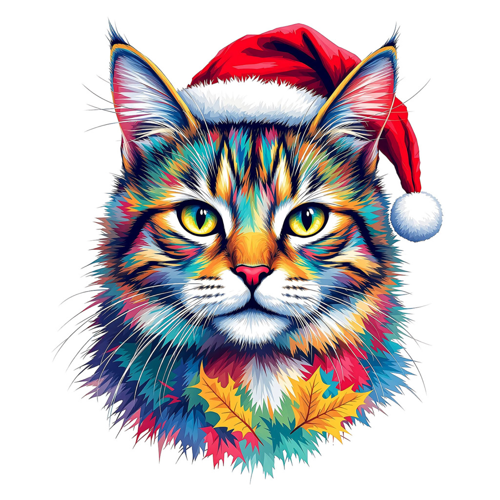 A vibrant and colorful illustration of a cat wearing a festive Santa hat, perfect for a Christmas-themed t-shirt design. The cat's fur is depicted in a spectrum of bright colors, including shades of blue, orange, and red, creating a striking and eye-catching image. The cat's piercing yellow eyes add to its captivating appearance, while the Santa hat adds a touch of holiday spirit. This design is ideal for those looking to embrace the festive season with a unique and artistic flair, making it a perfect addition to any holiday wardrobe.