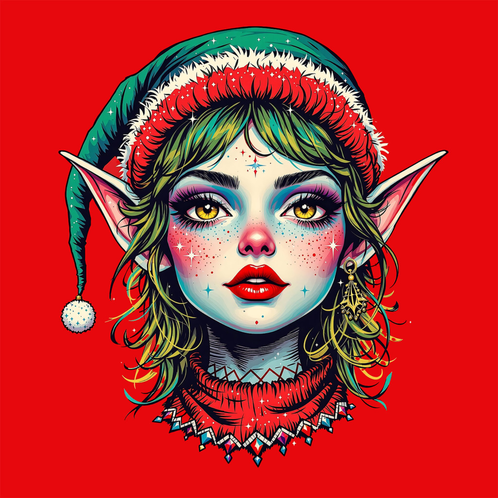 A vibrant and colorful illustration of a festive elf, perfect for a Christmas-themed t-shirt design. The elf features striking yellow eyes, rosy cheeks, and bold red lips, set against a bright red background. She wears a green and red Santa hat with a fluffy white trim and a pom-pom, along with a red knitted sweater adorned with intricate patterns. Her pointed ears are accentuated by a dangling gold earring, and her hair is a mix of green and blonde hues. The image captures a whimsical and enchanting holiday spirit, ideal for spreading festive cheer.