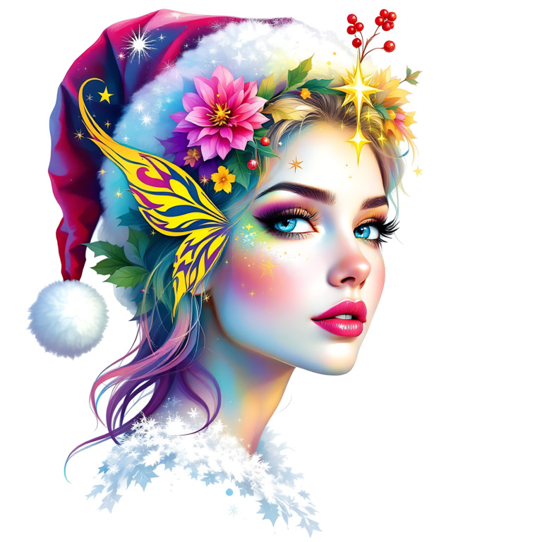 A vibrant and enchanting t-shirt design featuring a festive fairy adorned with a red Santa hat, surrounded by colorful flowers and leaves. The fairy's face is beautifully detailed with bright blue eyes and vivid makeup, exuding a magical and whimsical aura. Her hair is a cascade of colors, blending seamlessly with the intricate floral and butterfly elements. The design captures the essence of holiday cheer and fantasy, making it a perfect addition to any Christmas wardrobe. The background is a soft white, enhancing the vivid colors and intricate details of the fairy and her festive adornments.