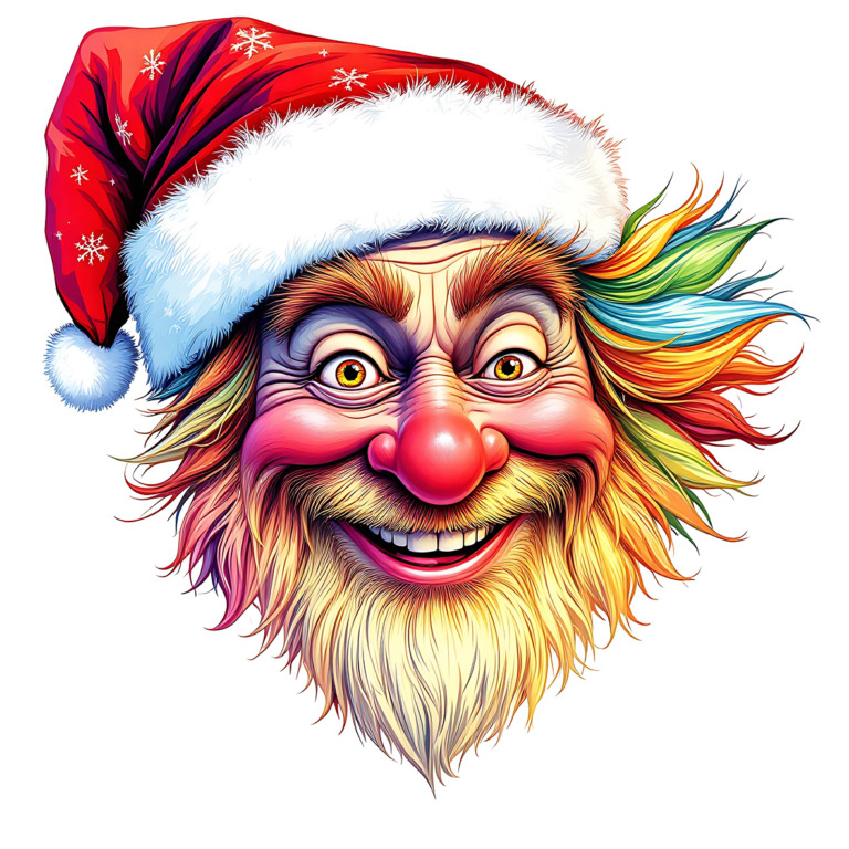 A vibrant and colorful illustration of a Santa Claus face, featuring a whimsical expression with a bright red nose and a multicolored beard. The Santa wears a classic red hat adorned with white fur and snowflake patterns. This festive artwork captures the joyful spirit of Christmas with its vivid colors and playful design, making it perfect for holiday-themed t-shirt prints. Available for free in the public domain under CC0.