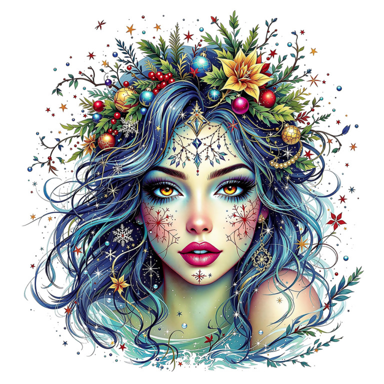 A vibrant and enchanting illustration of a festive winter goddess, featuring a woman with flowing blue hair adorned with intricate snowflakes and a crown of evergreen branches, poinsettias, and colorful ornaments. Her striking golden eyes and vivid pink lips are set against a backdrop of swirling stars and delicate snowflakes, capturing the essence of winter's beauty and holiday spirit. This artwork is available for free in the public domain under CC0, perfect for seasonal designs and creative projects.